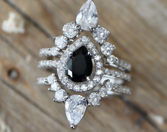 Teardrop Black Onyx Halo Bridal 3 Ring Set- Pear Black Engagement Ring Set- Black Spinel Ring w/2 Wedding Band