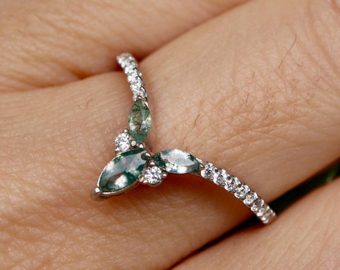 Marquise Green Moss Agate with Moissanite Deep V Chevron Sterling Silver Wedding Band
