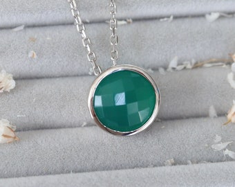 Genuine Green Onyx Round Sterling Silver Slider Necklace- Green Gemstone Bezel Necklace- Minimalist Onyx Necklace