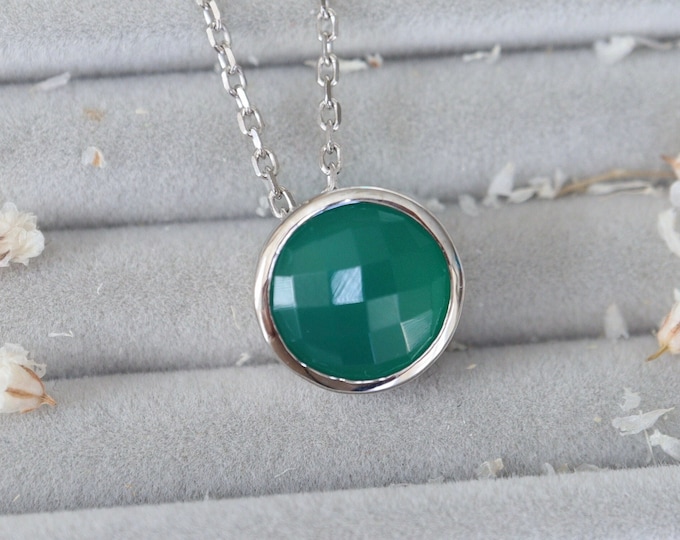 Genuine Green Onyx Round Sterling Silver Slider Necklace- Green Gemstone Bezel Necklace- Minimalist Onyx Necklace- Ship Next Day
