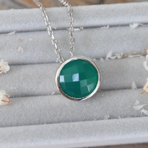 Genuine Green Onyx Round Sterling Silver Slider Necklace- Green Gemstone Bezel Necklace- Minimalist Onyx Necklace