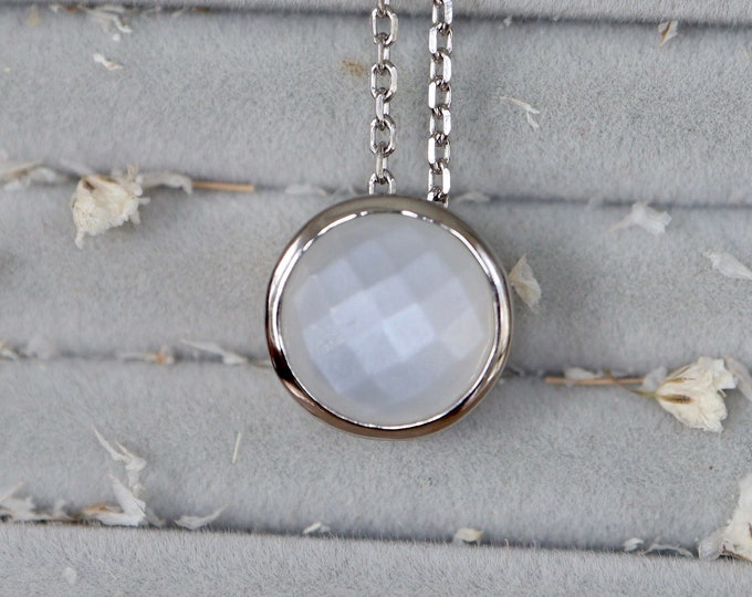 Genuine Faceted White Moonstone Round Sterling Silver Slider Necklace- Iridescent Bridal Bezel Minimal Necklace- June Birthstone Necklace