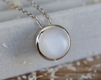 Genuine White Moonstone Round Sterling Silver Cabochon Necklace-Iridescent Gemstone Bezel Minimalist Necklace-June Birthstone Necklace