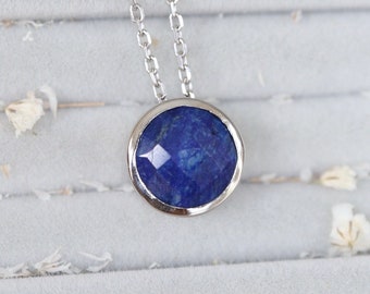 Genuine Blue Sapphire Round Sterling Silver Slider Necklace-September Birthstone Bezel Necklace-Dark Deep Blue Minimalist Gemstone Necklace