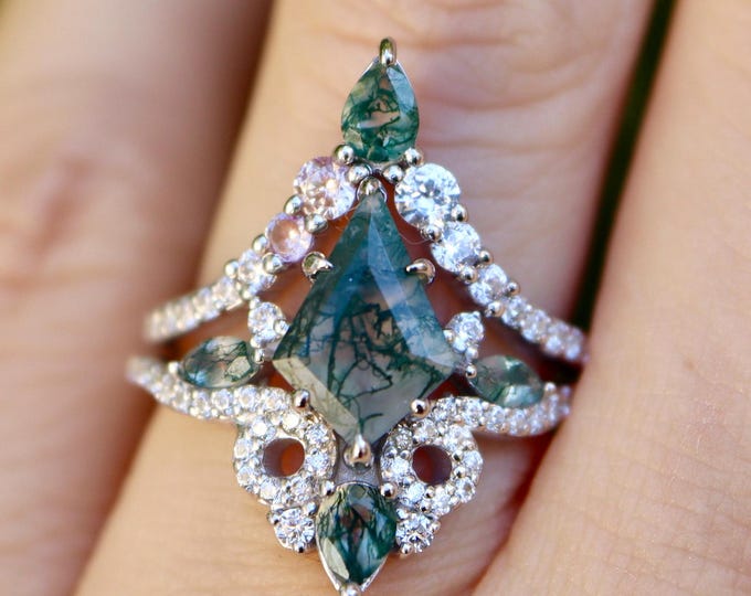 Kite Green Moss Agate Half Halo Engagement Sterling Silver Nature Inspired Rings