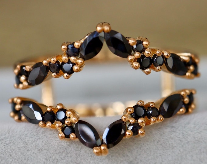 Marquise Black Moissanite Enhancer Vintage Wedding Band- Alternative Black Diamond Rose Gold Deco Band- 2 Dual Shank Contour Curve Band