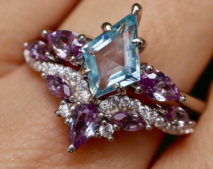 Aquamarine Kite Engagement Ring with Color Change Alexandrite Band