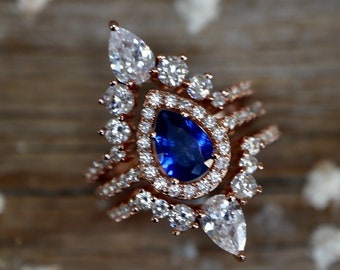 Teardrop Blue Sapphire Halo Bridal 3 Sterling Silver Ring Set-Pear Dark Deep Blue Engagement Ring September Birthstone Ring w/2 Wedding Band