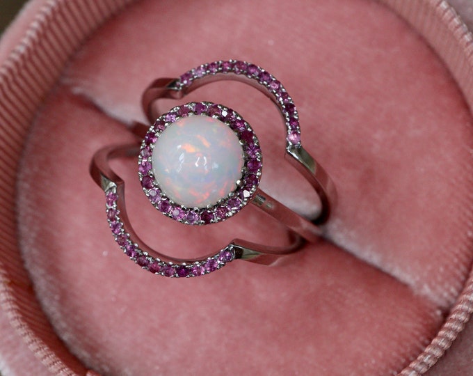 Round Genuine Opal with Pink Sapphire Engagement Solid 14k Ring- Halo Natural Cabochon Opal Bridal 3 18k Ring Set- October Birthstone Ring