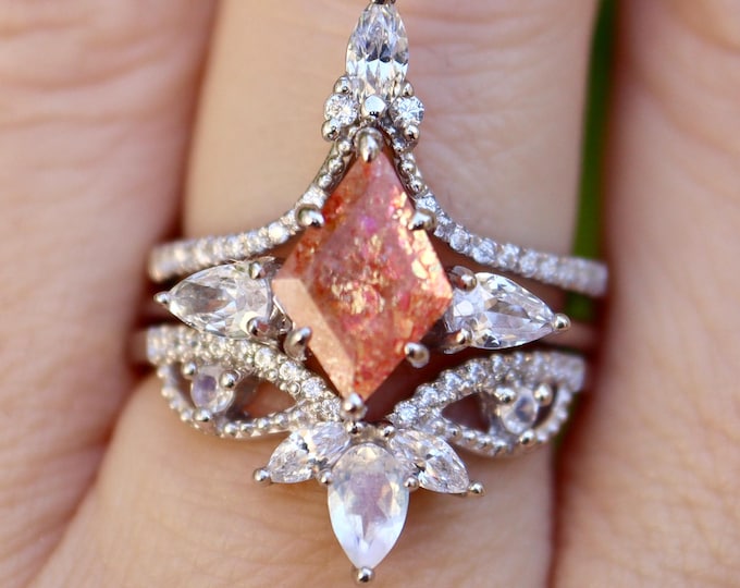 Kite Genuine Orange Sunstone with Moonstone Sterling Silver 3 Ring Set