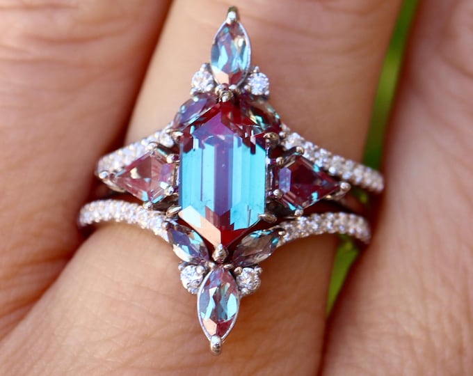 Hexagon and Kite Alexandrite Color Shift Bridal 3 Ring Set