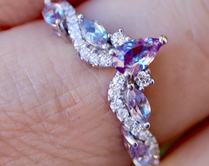 Marquise Color Change Purple Blue Alexandrite with Moissanite Deco 10k 14k 18k Gold Wedding Band