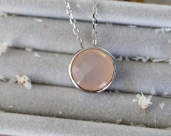 Genuine Pink Chalcedony Round Sterling Silver Slider Necklace- Pink Gemstone Bezel Necklace- Minimalist Gemstone Necklace