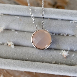 Genuine Pink Chalcedony Round Sterling Silver Slider Necklace- Pink Gemstone Bezel Necklace- Minimalist Gemstone Necklace