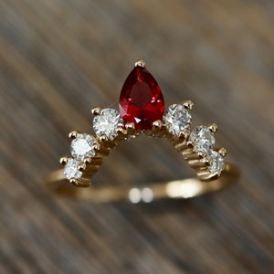 Genuine Garnet Diamond Wedding Band- Pear Red Garnet and Round Diamond Nesting Contour Band- Red and Clear Stone Half Circle Nesting Band