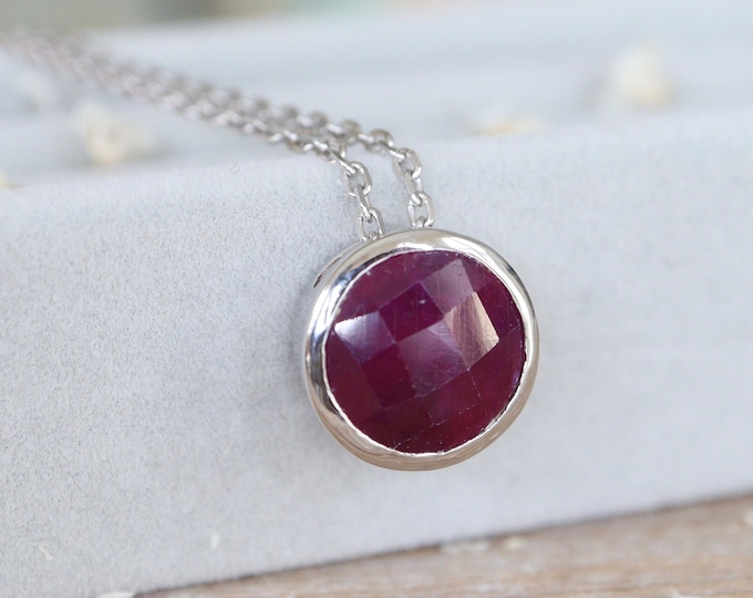 Genuine Ruby Raw Round Sterling Silver Slider Necklace- July Birthstone Simple Bezel Necklace- Natural Ruby Red Faceted Gemstone Necklace