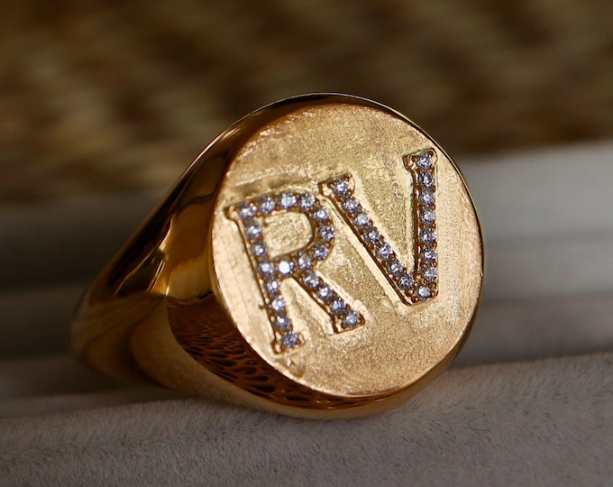 Double Initial Family Birthstone Signet Ring- Alphabet Letter Rose Gold Ring- Round Disc Personalize Statement 925 Sterling Silver Ring