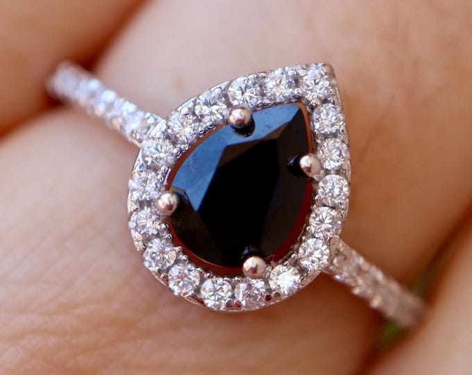 Teardrop Black Onyx Halo Sterling Silver Ring- Pear Black Spinel Solitaire Rose Gold Promise Ring- Alternative Black Diamond Ring