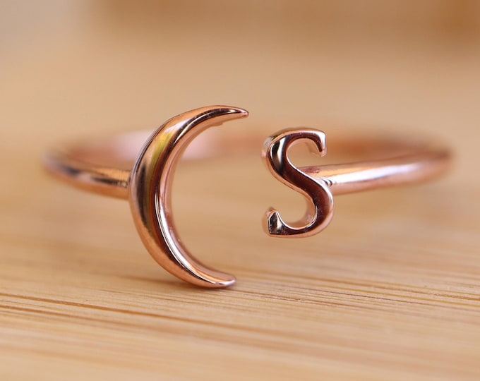 Crescent Moon Initial Open Rose Gold Ring- Dainty Alphabet Letter Zodiac Celestial Sterling Silver Ring- Gifts for Mom Graduates Bridesmaid