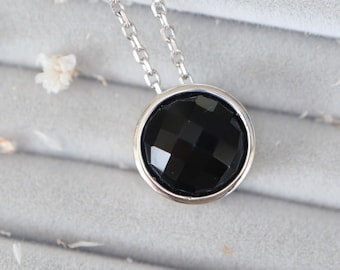 Genuine Black Onyx Round Sterling Silver Slider Necklace- Natural Black Gemstone Bezel Necklace- Minimalist Gemstone Necklace for Her