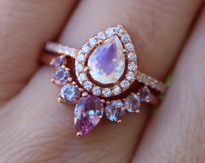 Halo Teardrop Moonstone Color Change Alexandrite Engagement Silver Ring Set- Pear Genuine Rainbow Moonstone Alexandrite June Birthstone Ring
