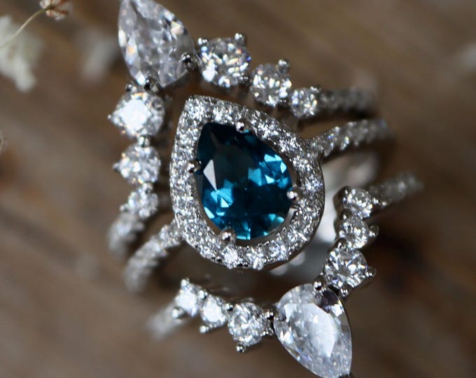 Teardrop Dark Deep Blue Topaz Halo Bridal 3 Ring Set- Pear London Topaz Engagement Ring- December Birthstone Ring- Real Solid 14k 18k Ring