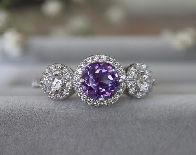 Color Change Alexandrite Engagement Ring- Three Stone  Round Alexandrite Bridal Ring- Purple Blue June Birthstone Ring