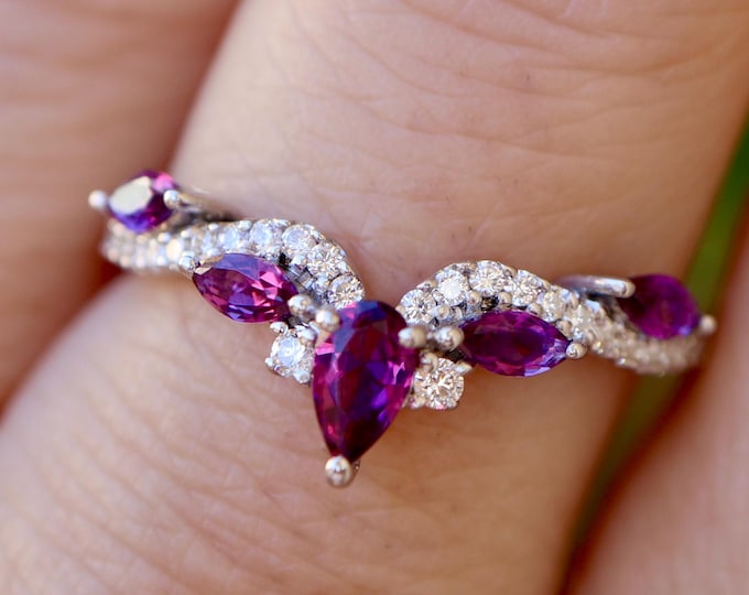 Marquise Purple Amethyst and Moissanite Sterling Silver Deco Wedding Band