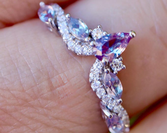 Marquise Color Change Purple Blue Alexandrite with Moissanite Sterling Silver Deco Wedding Band