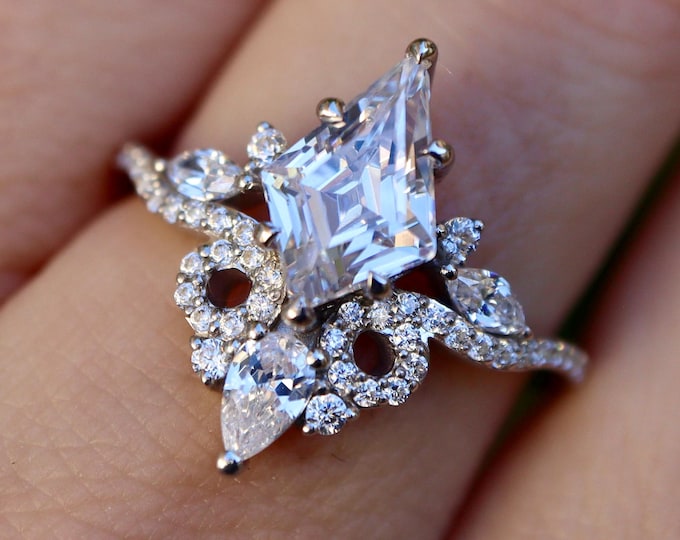 Kite Cubic Zirconia Sterling Silver Solitaire Ring with Half Halo