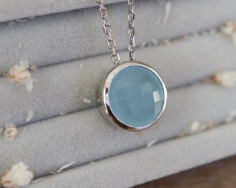 Genuine Blue Aquamarine Round Sterling Silver Slider Necklace-March Birthstone Bezel Necklace-Light Blue Minimalist Gemstone Necklace