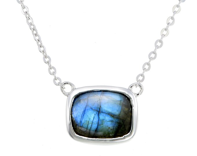 Rectangle Labradorite Bezel Silver Necklace- Genuine Natural Cabochon Labradorite Necklace-Layering Iridescent Gemstone Emerald Cut Necklace