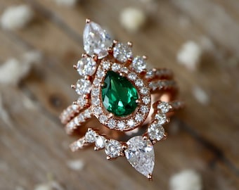 Teardrop Emerald Halo Bridal 3 Ring Set- Pear Dark Green Engagement Ring Set- May Birthstone Ring w/2 Wedding Band