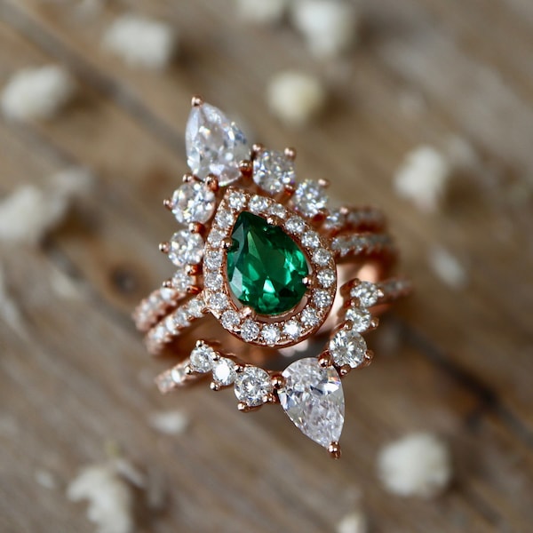 Teardrop Emerald Halo Bridal 3 Ring Set- Pear Dark Green Engagement Ring Set- May Birthstone Ring w/2 Wedding Band