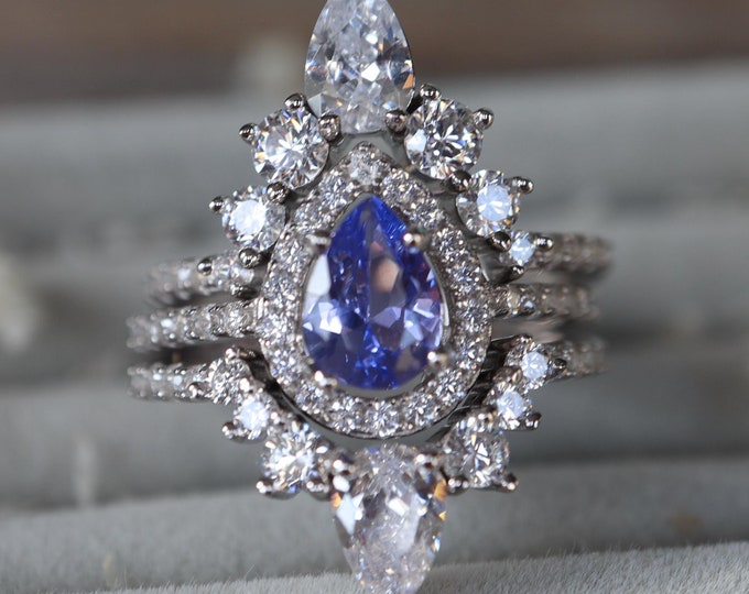 Teardrop Blue Tanzanite Halo Bridal 3 Ring Set-Pear Blue Purple Engagement Ring-December Birthstone Ring-Real Solid 14k 18k Anniversary Ring