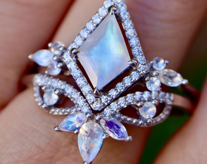 Kite Natural Rainbow Moonstone Halo Engagement Sterling Silver Rings