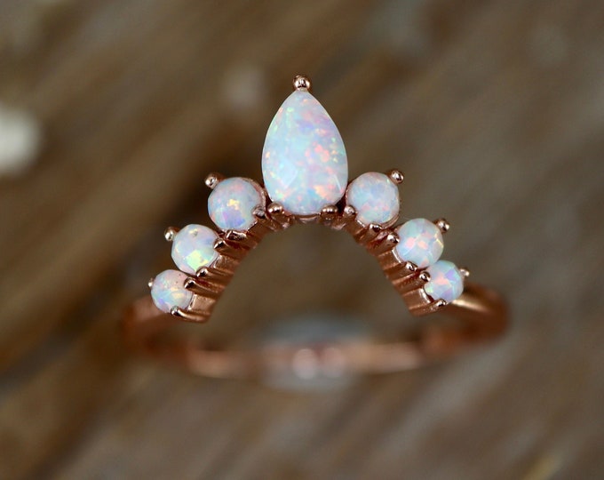Rainbow Opal Chevron Half Circle Wedding Sterling Silver Band- White Iridescent Opal Contour Band-October Birthstone Nesting V  Rose Band
