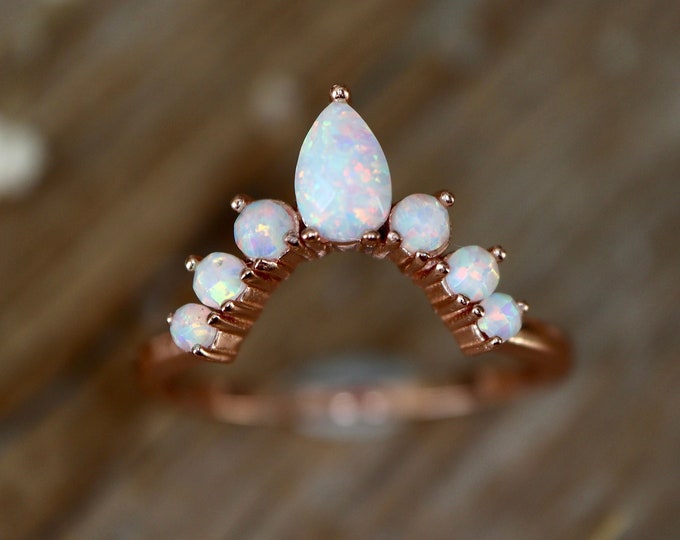 Rainbow Opal Chevron Half Circle Wedding Band- White Opal Contour Band- October Birthstone Nesting Band- V Curved Band