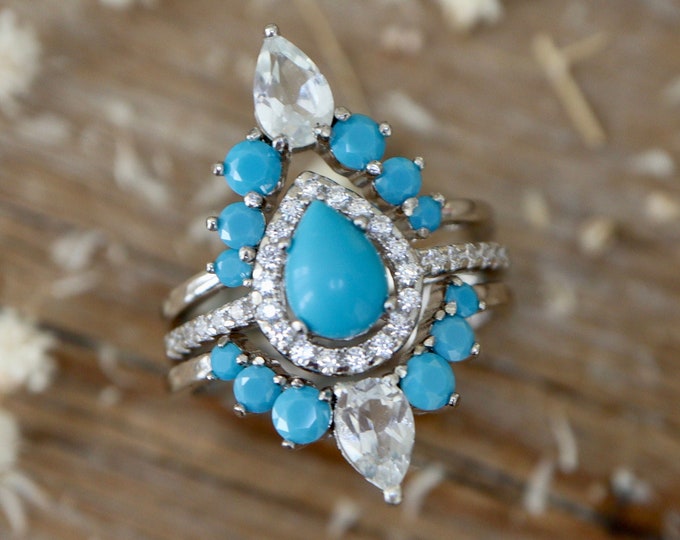 Teardrop Blue Turquoise 3 Ring Set- Aqua Boho Pear Halo Engagement Sterling Silver Ring- December Birthstone Ring- Anniversary Rings for Her