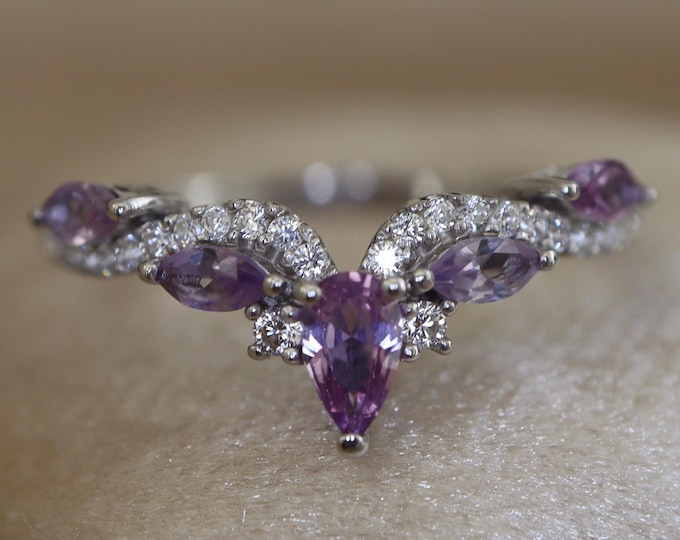 Marquise Color Change Purple Blue Alexandrite with Moissanite Sterling Silver Deco Wedding Band