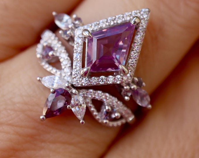 Kite Alexandrite Halo Engagement Sterling Silver Rings