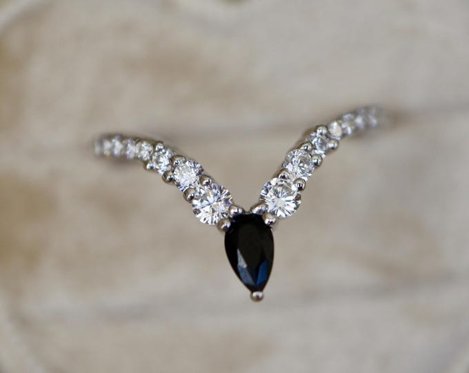 Pear Gold Black Onyx with Moissanite Deep V Chevron Sterling Silver Wedding Band