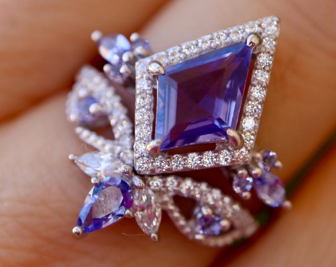 Kite Tanzanite Halo Engagement Sterling Silver Rings- Marquise Blue Gemstone Wedding 2 Ring Set- December Birthstone Anniversary Rings