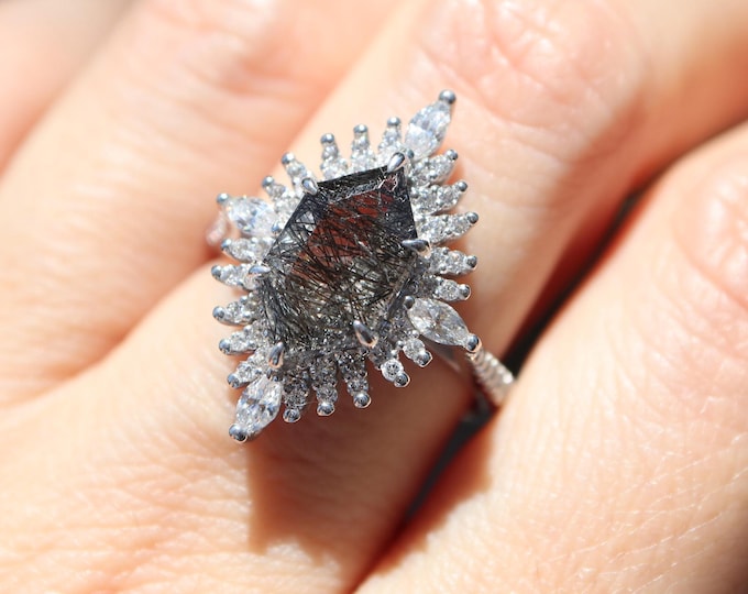 Salt Pepper Quartz Elongated Hexagon Halo Solitaire Sterling Silver Ring