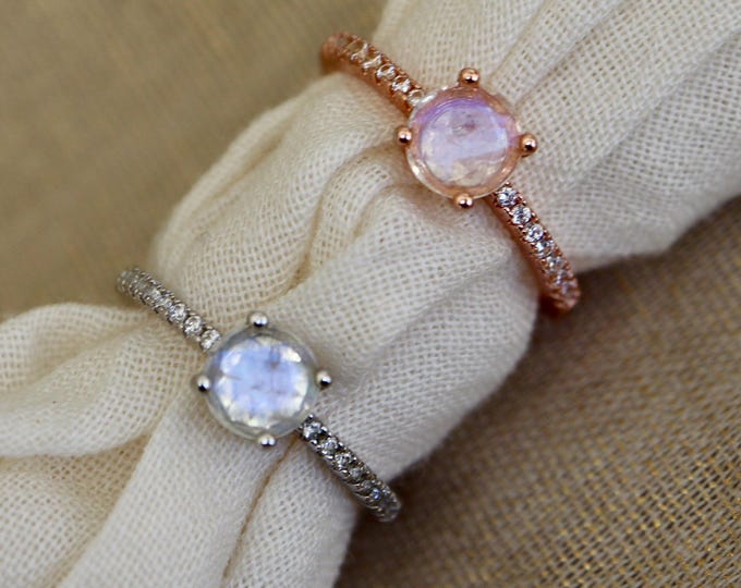 Round Genuine Moonstone Dainty Sterling Silver Ring- Natural Rainbow Moonstone Solitaire Prong Rose Gold Ring- June Birthstone Ring for Her