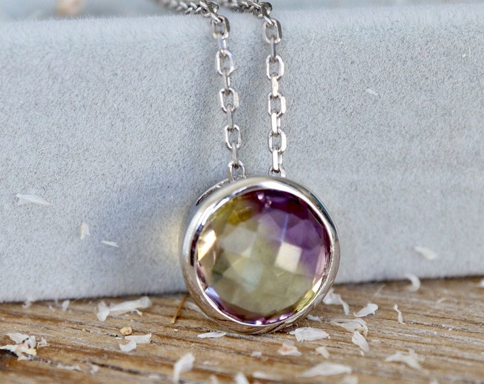 Genuine Ametrine Round Sterling Silver Slider Necklace- Purple Amethyst with Citrine Bezel Necklace- Natural Color Gemstone Necklace for Her