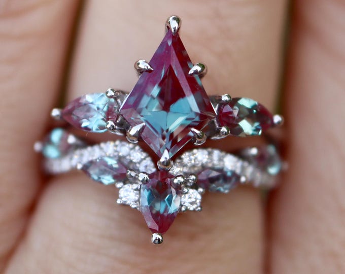 Kite Color Change Alexandrite Sterling Silver Engagement Ring with Enhancer Guard Wedding Band