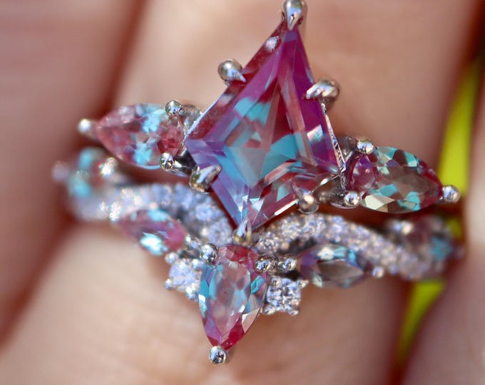 Kite Color Change Alexandrite Sterling Silver Engagement Ring with Wedding Band