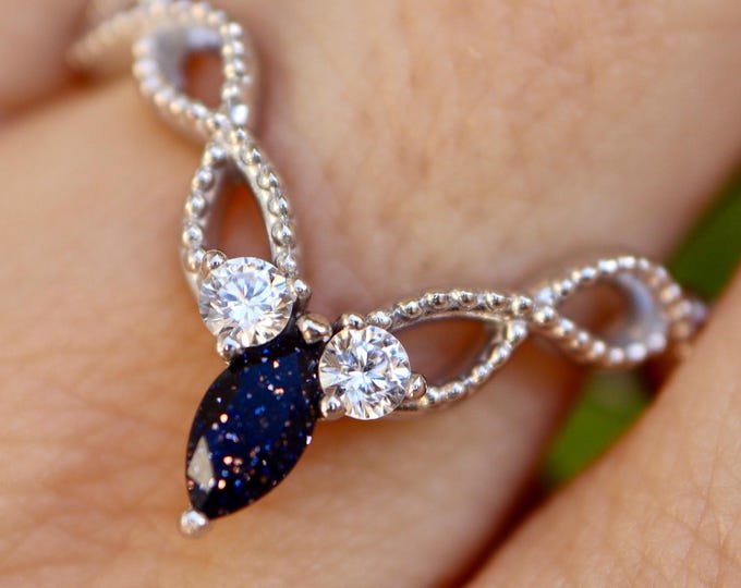 Blue Sandstone Deep V Chevron Sterling Silver Cosmo Nebula Wedding Band