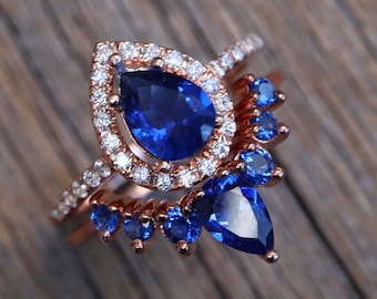 Teardrop Blue Sapphire Engagement 14k Gold Ring Set-Pear Halo Dark Blue Bridal 2 14k Rose Gold Ring-Deep Blue Gemstone 14k White Gold 2 Ring